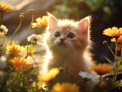 阳光下的小猫，树林，花草