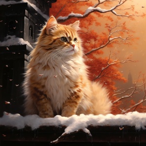 猫抬头看着枝头的雪，猫在墙头，纯红色的墙，白雪覆盖，夜晚，
