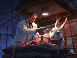 画一幅卡通画，画面中间是一只巨型兔子平躺在手术台上，旁边站着一位男医生，这位医生手里拿着剪刀，满头大汗的看着兔子