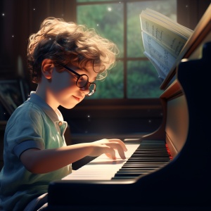 戴眼镜男孩弹钢琴的逼真超细节8K超高清渲染