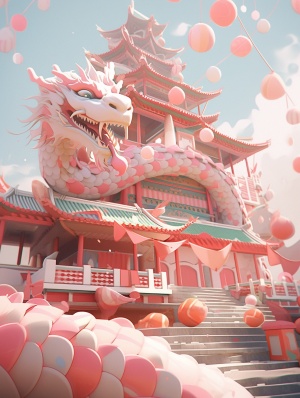 中国龙的3D粉彩毛毡样式在广角拍摄下的新年喜庆背景