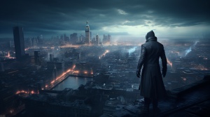 《刺客信条》中的主角刺客大师在高楼上俯瞰城市的8K超高清细节