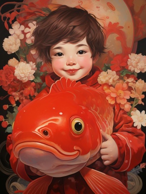 大胖小子抱着大锦鲤的喜庆中国年画