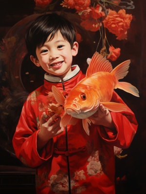 国画，中国年画，大胖小子抱着一条大锦鲤，喜庆的红色背景，传统中国年画，8k，超精细，丰富细节