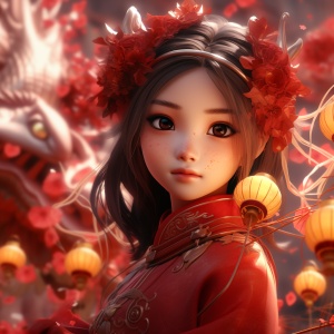 春节女孩舞龙壁纸高质量红色主题