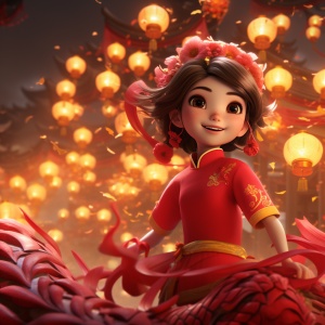 春节女孩舞龙壁纸高质量红色主题