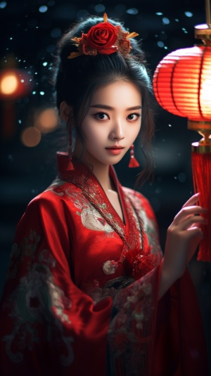 一个美丽的中国女孩，穿着红色花纹的汉服，正脸面对观众，手里拿着一个红灯笼，身边有一条红色的中国龙，顶级摄影师作品。