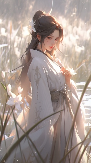 穿着白裙的古代女子，兰花，草，阳光，雪