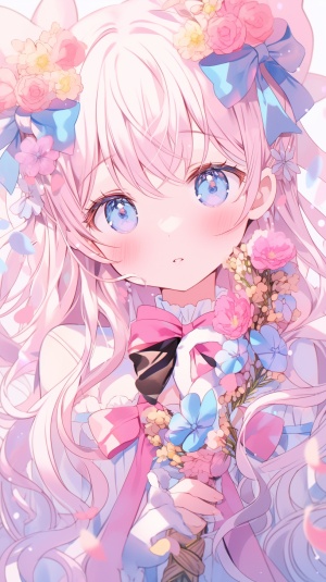 动漫女孩，穿着粉色裙子的女孩，戴着大蝴蝶结和彩色宝石耳环，头发扎成马尾辫，背景是淡粉色和蓝色花朵。