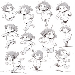 Very simple, minimalist, cartoon graffiti, line art, cute black line little girl, various poses and expressions. , running away, shy, Smile，eating, , surprised, laughing, etc. niji 5
