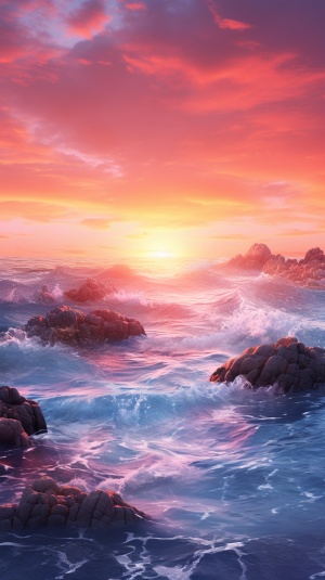 天空大海海浪拍打礁石，日落晚霞粉色