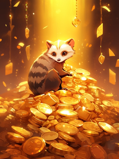 一只可爱的狸花猫，坐在一堆金灿灿的金元宝上，天空中不断有钞票落下，可爱，梦幻