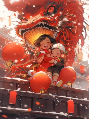 中国年，喜庆，萌萌的中国龙，可爱的中国龙，穿红棉袄的小朋友，放烟花，红的大鞭炮，大红灯笼高高挂,下雪，中国风，超高画质，超精细，超现实主义，唯美二次元，3D渲染