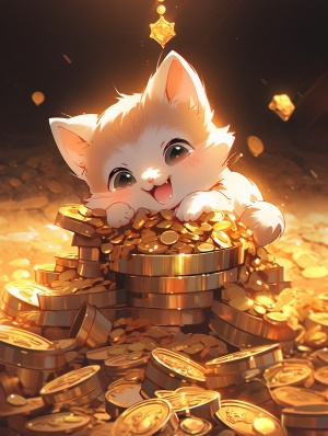 可爱小猫坐金元宝，梦幻天空洒钞票