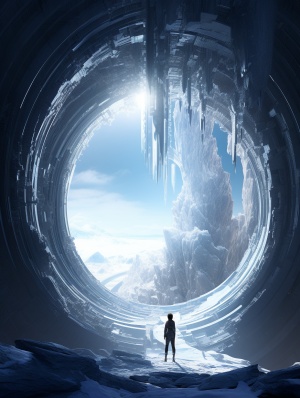 people are standing by the portal leading to an underground cave, in the style of futuristic visions, snow scenes, realistic and hyper-detailed renderings, organic architecture, whistlerian,frozen movement, futuristic spacescapes s 250V 6.0style rawar 2:3