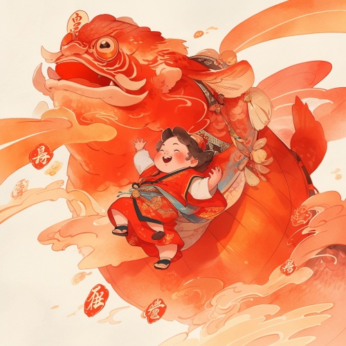 国画，中国年画，大胖小子抱着一条大锦鲤，喜庆的红色背景，传统中国年画，8k，超精细，丰富细节