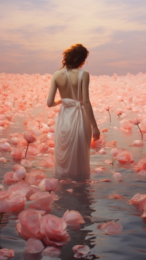 海上漂浮的红白玫瑰花与浅粉色天空