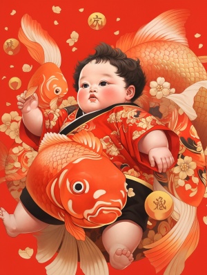超精细8K传统中国年画：胖小子抱大锦鲤