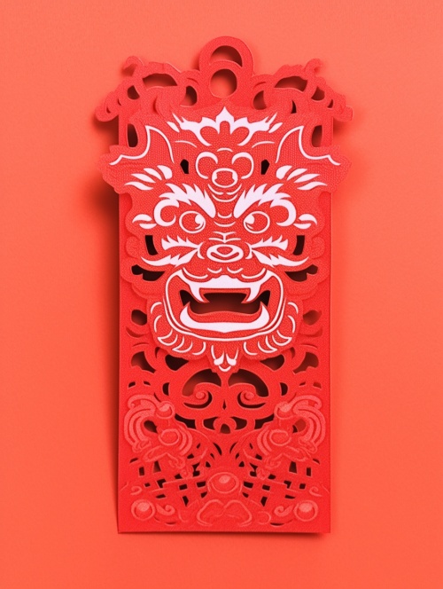 红色的春节红包，书签形状，上面有龙在舞狮，小巧精致，纯色背景
