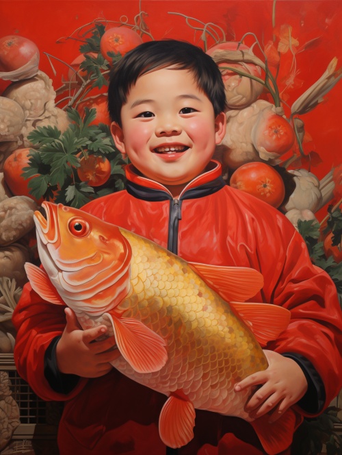 国画，中国年画，胖小子抱着一条大锦鲤，喜庆的红色背景，传统中国年画，8k，超精细，丰富细节