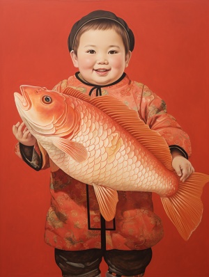 超精细8K传统中国年画：胖小子抱大锦鲤