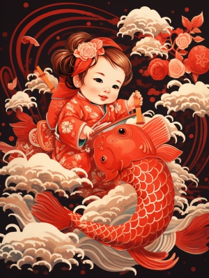 可爱女婴骑锦鲤，喜庆红灯笼背景，传统中国年画