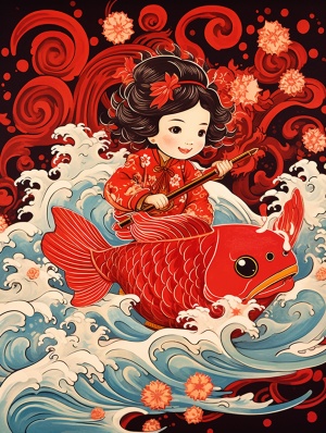 可爱女婴骑锦鲤，喜庆红灯笼背景，传统中国年画