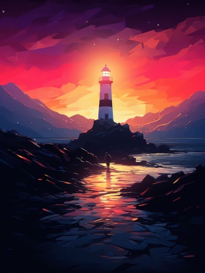 Minimalist abstractions ，a Bright Road on the mountains ,lighthouse， an illustration of a person , line drawn, lofi art style, moody, ambient, night colors, wide angle view , cool lighting , unsplash