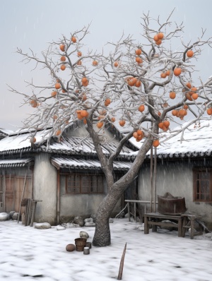 Snow-covered rustic brick house with persimmon tree