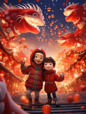 中国年，喜庆，红色的可爱的迷你龙，一群穿红棉袄的小朋友，放烟花，红的大鞭炮，大红灯笼高高挂，下雪，大场景，长安古街，中国风，灯光，光效，超真实，超精细，超现实主义，未来主义风格，3D渲染，超高画质，32k