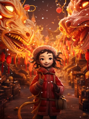 中国年喜庆的超现实主义场景32K渲染龙
