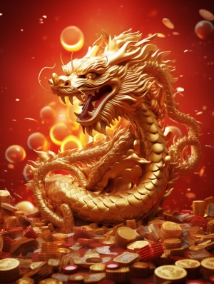 中国龙，3D动态，可可爱爱，广角拍摄，画面清晰质量高，龙前面有金元宝，龙腾虎跃，新年氛围，金色背景，红包封面