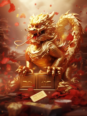 中国龙，3D动态，可可爱爱，广角拍摄，画面清晰质量高，龙前面有金元宝，龙腾虎跃，新年氛围，金色背景，红包封面