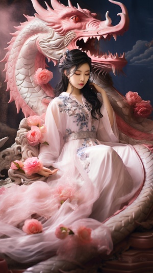 超现实的中国古典美：23岁中国女性与粉色龙缠绕