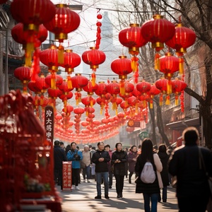 喜庆的春节灯笼在街道两旁挂满，红红的贴春联把喜庆的气氛点亮；人们穿着色彩鲜艳的传统服饰，脸上洋溢着笑容，向着花车巡游所在地走去；鞭炮声不绝于耳，炸响之间喜庆的气氛弥漫开来；赏花灯、舞狮子、耍龙灯等传统表演成为大家欢聚一堂的节日盛宴。