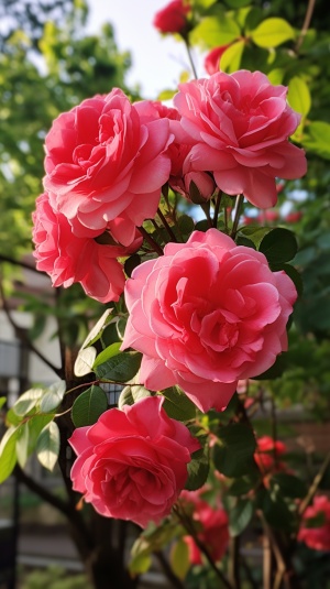 鲜艳绚丽的玫瑰花朵，绽放在青翠的花园中。花瓣娇柔欲滴，红得如同春天的烈阳。浓郁的花香弥漫在空气中，吸引着蜜蜂和蝴蝶舞动着飞舞。玫瑰的枝条婆娑地摇晃着，仿佛在跳动优美的舞蹈。盛开的玫瑰花是那样娇媚而瑰丽，美得让人心生赞叹。