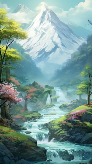 中国插画风美景：山河流花绿树，春意盎然的超高清