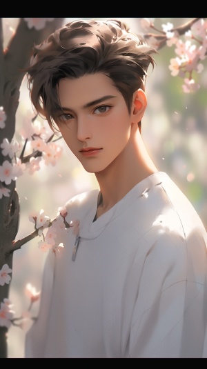 一个中国男子，现代年轻帅哥，桃花眼，穿着白色休闲装，桃花树下背景