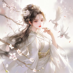 中国古风公主梳着飞仙髻，穿着淡紫玻璃纱汉服，花园背景下摆弄姿势