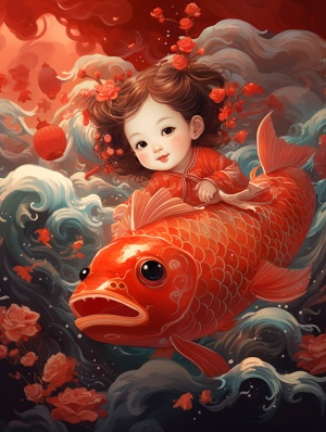 国画，中国年画，可爱呆萌，穿着红色肚兜的小女婴骑着一条大锦鲤，喜庆的红色灯笼背景，水波纹，传统中国年画，8k，超精细，丰富细节