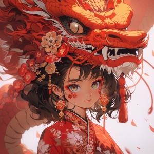 中国红色衣服美女的大眼睛与中国龙