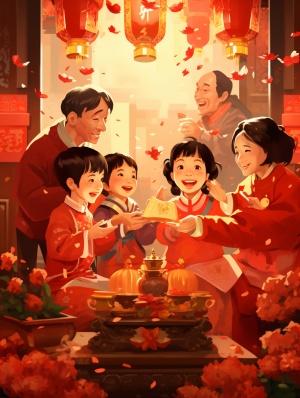 新春佳节，一家人开心在一起，儿女给长辈拜年。过年海报，海报单色中国红背景。辛烷值渲染，真实光照，真实色彩，超高清8k，最好的质量，先进的色彩系统。