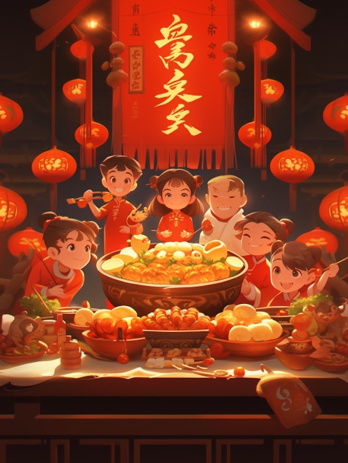 新春佳节，过年海报，一家人在一起，包饺子，儿女给长辈拜年，海报单色中国红背景。辛烷值渲染，真实光照，真实色彩，超高清，最好的质量