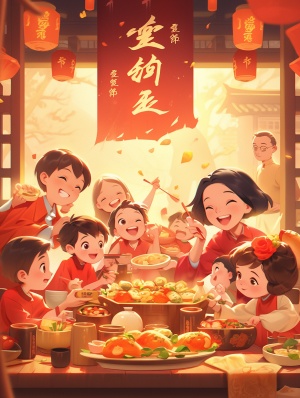 新春海报：家庭团聚、包饺子、辛烷值渲染的中国红