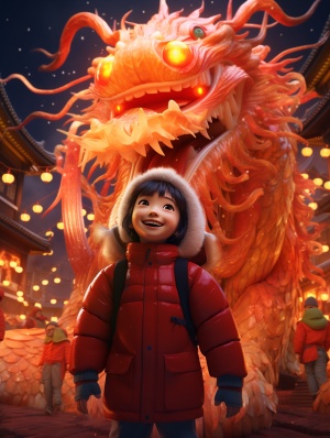 中国年，喜庆，红色的可爱的中国龙，一群穿红棉袄的小朋友，放烟花，红的大鞭炮，大红灯笼高高挂，下雪，大场景，长安古街，中国风，灯光，光效，超真实，超精细，超现实主义，未来主义风格，3D渲染，超高画质，8k超高清，逼真的，超细节渲染，超细节