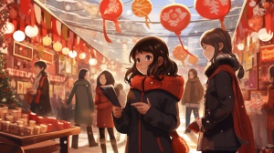 画漫威角色黑寡妇带着Chinese小孩在逛年货摊，背景是中国年货集市，张灯结彩，挂了很多红色对联，红色的年货，福字，喜庆，雪天场景
