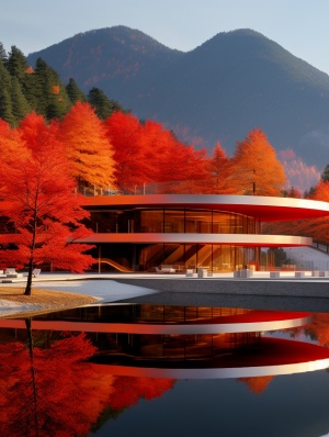 In autumn, the mountainsare covered with red leaves, and afuturistic minimalist building is among the mountains and forests.a brightly lit building with a tree on it and a reflection in the water, in the style of miles aldridge, orange and indigo, scarlett hooftgraafland, panoramic scale, Traditional architecture, flowing cornices, glass walls, modern furniture in the interior,hiroshi nagai, african influence, innovative page design, lady walking towards building ar 3:4v 6.0s 250