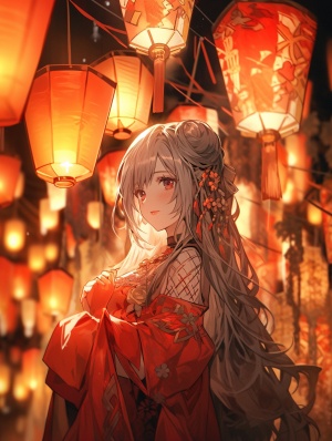 一个穿着亚洲服装的女孩，手持灯笼，灯笼，夜色，浅红色和浅灰色，石林黄，party kei，kawacy，pictorial，宁静的面孔