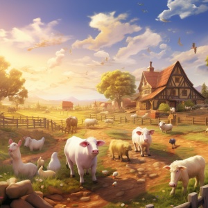 一个有牛，猪，羊，马，狗，鸡，各种动物，各种家禽的农场，欢乐农场，有大大的木农舍，有好多农民，在种地，在收割，在收成，阳光照耀，细腻的粉彩色调，3D渲染，原始渲染。