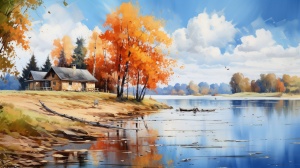 美丽的一天，秋天的风景和水，世纪中叶插图风格，8K分辨率